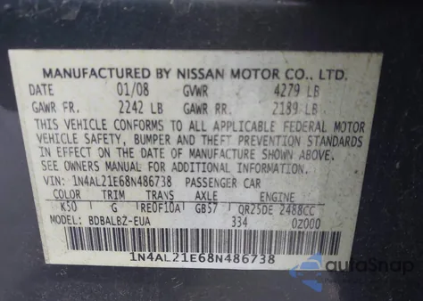 2008 Nissan Altima 2.5 S from USA, damaged, VIN 1N4AL21E68N486738